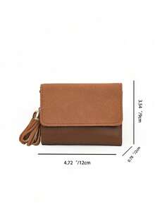 Cartera de mujer de satén mate corta con parches y colgante con borla, billetera plegable con múltiples ranuras para tarjetas - Marrón - Ver 4