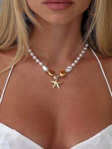 4pcs/Set Vintage French Elegant Fashion Bohemian Vacation Style Rhinestone Faux Pearl Starfish Shell Sun Flower Pendant Tassel Long Gold Necklace Set, Personalized Exaggerated Unique Y2K Multi-Piece Layered Necklace, Suitable For Women Summer Beach Party Evening Music Festival Date Daily Wear All Year Round - Multicolor - View 3
