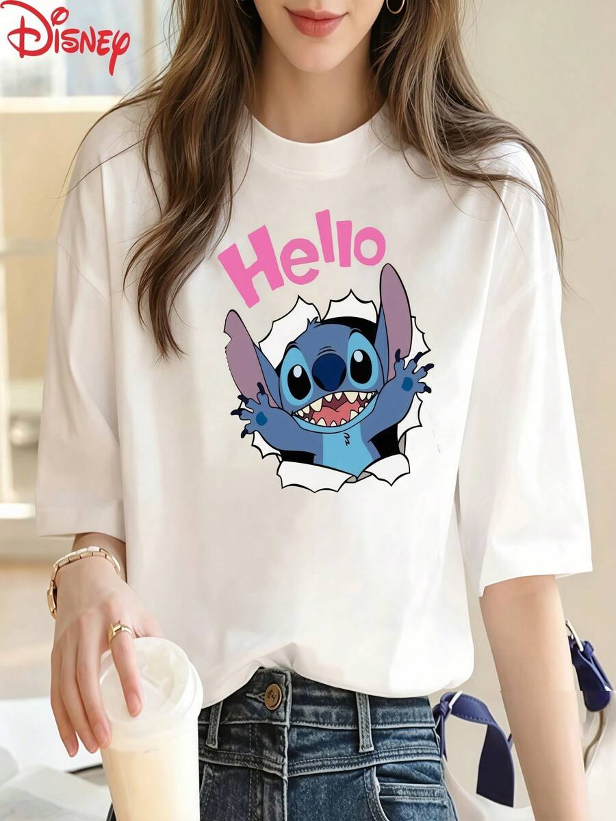 Disney Brand Women's Stitch Hello Graphic T-Shirt, Cute Cotton Casual Short Sleeve Round Neck Top For Summer - 白色 - 查看 1