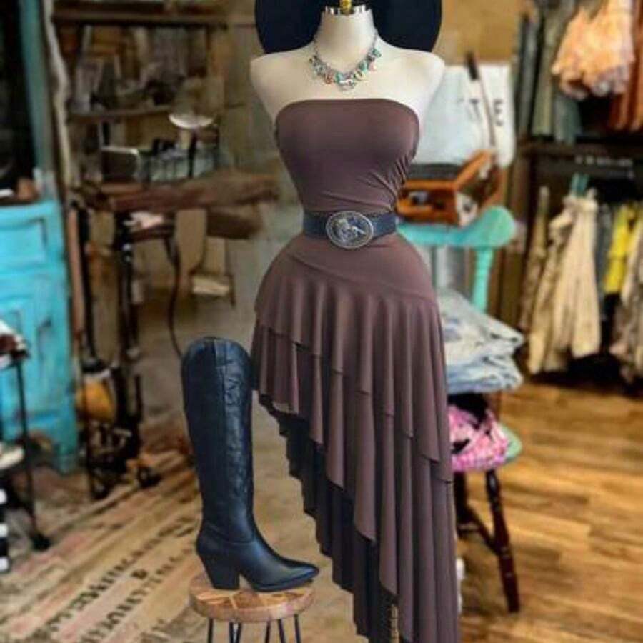 . . Vestido de mujer de unicolor y bajo asimétrico (cinturón no incluido) - Cafetería - Ver 1