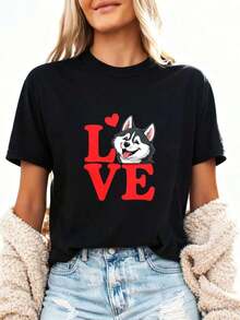 I Love Huskies, Husky Dog T-Shirt, Gift For Husky Lovers, Dog Lover T-Shirt, Siberian Husky T-Shirt, Cute Husky T-Shirt, Dog Owner T-Shirt, 100% Cotton - 黑色2 - 查看 3