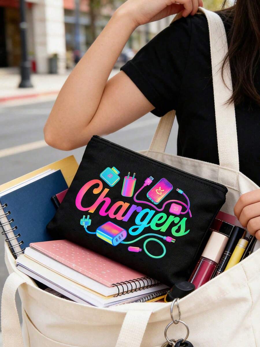 Bolsa de almacenamiento con cremallera de fibra de poliéster con patrón creativo de tema "Cargador" de cable de carga colorido, fácil de identificar. Esta bolsa de fibra de poliéster es suave y plegable, equipada con una cremallera para evitar que los artículos se caigan, almacenamiento de cable de datos, bolsa de almacenamiento de cargador, la cremallera evita que se caiga, ligera, gran capacidad