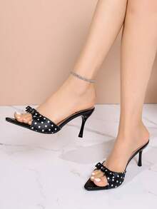 Black Polka Dot Satin Bowknot Pointed Toe Stiletto Mule Shoes, Suitable For Workplace, Dating, And Daily Wear, Elegant Design - Black - View 6