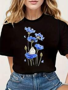 Women's Casual Short Sleeve T-Shirt - Floral Print, White Butterfly And Blue Daisy Design, Round Neck, Lightweight Summer Top, Short Sleeve T-Shirt For Everyday Wear - 黑色 - 查看 7