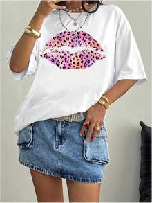 Y2K - Women's T-Shirts With Lip Print, Round Neck, Short Sleeve, Loose Fit And Versatile Shirt - 白豹唇 - 查看 3