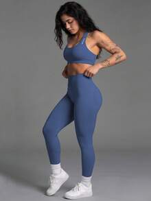 TNTOR Women's Matte Solid Color Seamless Racerback Sports Bra, Removable Padding, Enhances Bust Line, Open Back Single Strap Design, Yoga Bra Z232 Autumn Style - Dusty Blue - View 6