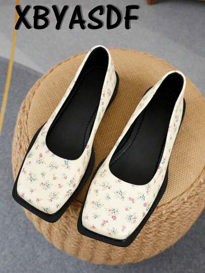 XBYASDF 2026 New Women's Apricot Base Ditsy Floral Square Toe Flat Slip-On Shoes, Fresh Sweet Casual Versatile Loafers