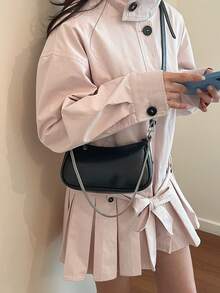 小众设计休闲百搭简约时尚PU质感撞色字母斜挎小方包，信封包，百搭别致女士链条斜挎包，复古单肩包 - 黑色 - 查看 2