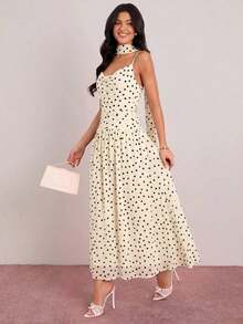 Vestido de verano elegante de mujer con estampado de lunares y volantes en los tirantes - Albaricoque - Ver 1
