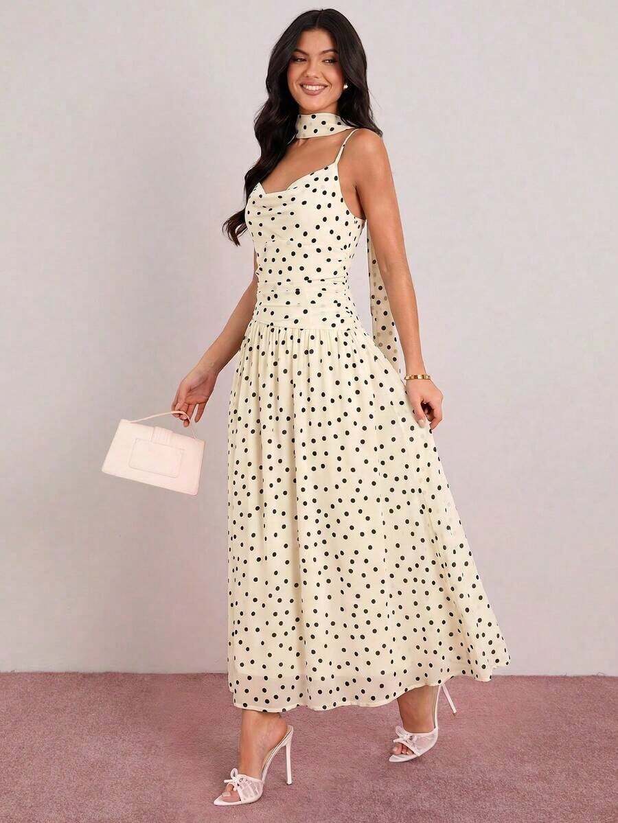 Vestido de verano elegante de mujer con estampado de lunares y volantes en los tirantes - Albaricoque - Ver 1