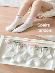 5 đôi tất ren hoa ngẫu nhiên, thấm hút mồ hôi, khử mùi, trang trí nơ, cao đến bắp chân, đa năng cho mùa xuân/hè và thu/đông, phù hợp cho học sinh. - Nhiều màu - Xem 6