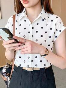 Áo sơ mi nữ dáng suông không tay cổ ve họa tiết hoa nhí, kiểu dáng thanh lịch mùa hè, áo blouse trắng in họa tiết dành cho công sở. - trắng - Xem 8