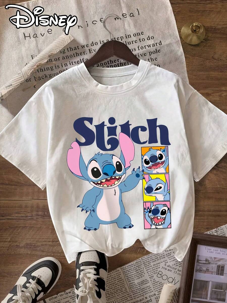 Disney Lilo & Stitch Stitch Pattern Letter Print Women's T-Shirt, Casual Crew Neck Short Sleeve Tee, Suitable For Daily Wear - White - View 1