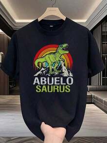 Camiseta de 100% algodón para hombres - Camiseta casual de cuello redondo clásico de manga corta. Camiseta de manga corta negra con dibujo de dinosaurio verde con gafas y texto "ABUELO SAURUS" - Negro - Ver 1