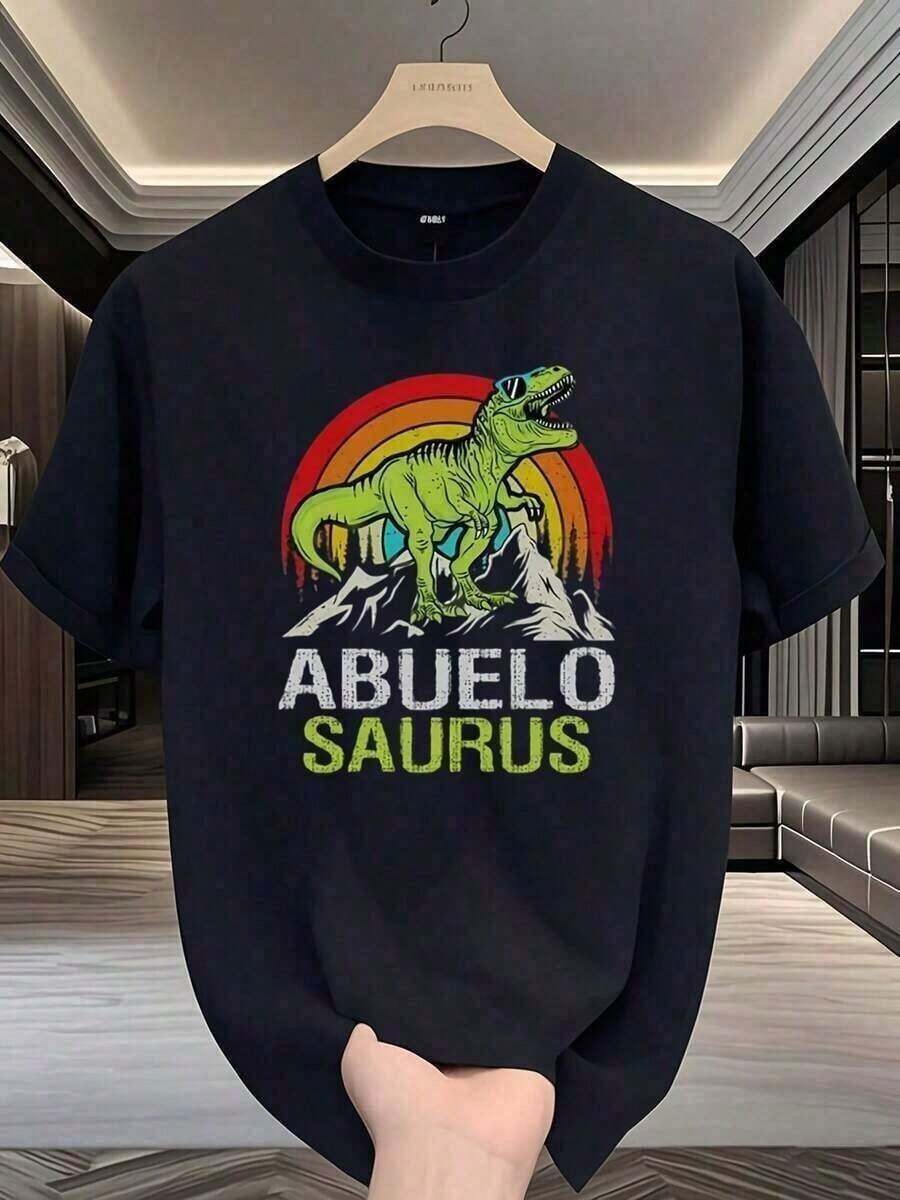 Camiseta de 100% algodón para hombres - Camiseta casual de cuello redondo clásico de manga corta. Camiseta de manga corta negra con dibujo de dinosaurio verde con gafas y texto "ABUELO SAURUS" - Negro - Ver 1