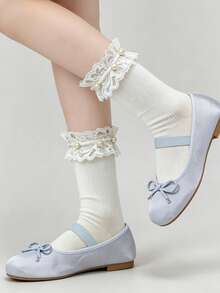 1 Pair Women's Beige Lace Pearl Decorated Ankle Socks, Sweet Lolita Style, Ribbed Knit, High Elasticity, Suitable For Lolita And Daily Wear - Multicolor - View 1