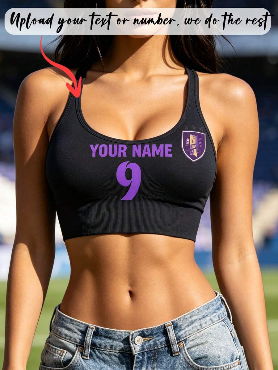 Bra Olahraga Wanita dengan Desain Kustom Gaya Piala Dunia Sepak Bola, Cetak Nama & Nomor yang Dipersonalisasi, Atasan Pakaian Olahraga Aktif untuk Kebugaran. - Navy Blue - View 1