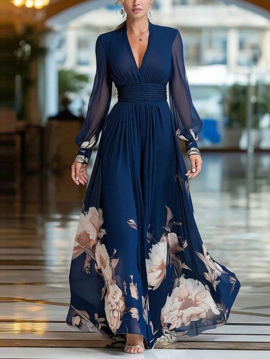 French Fitted Maxi Dress With Mesh Print Spring 2026 - Blue - View 1