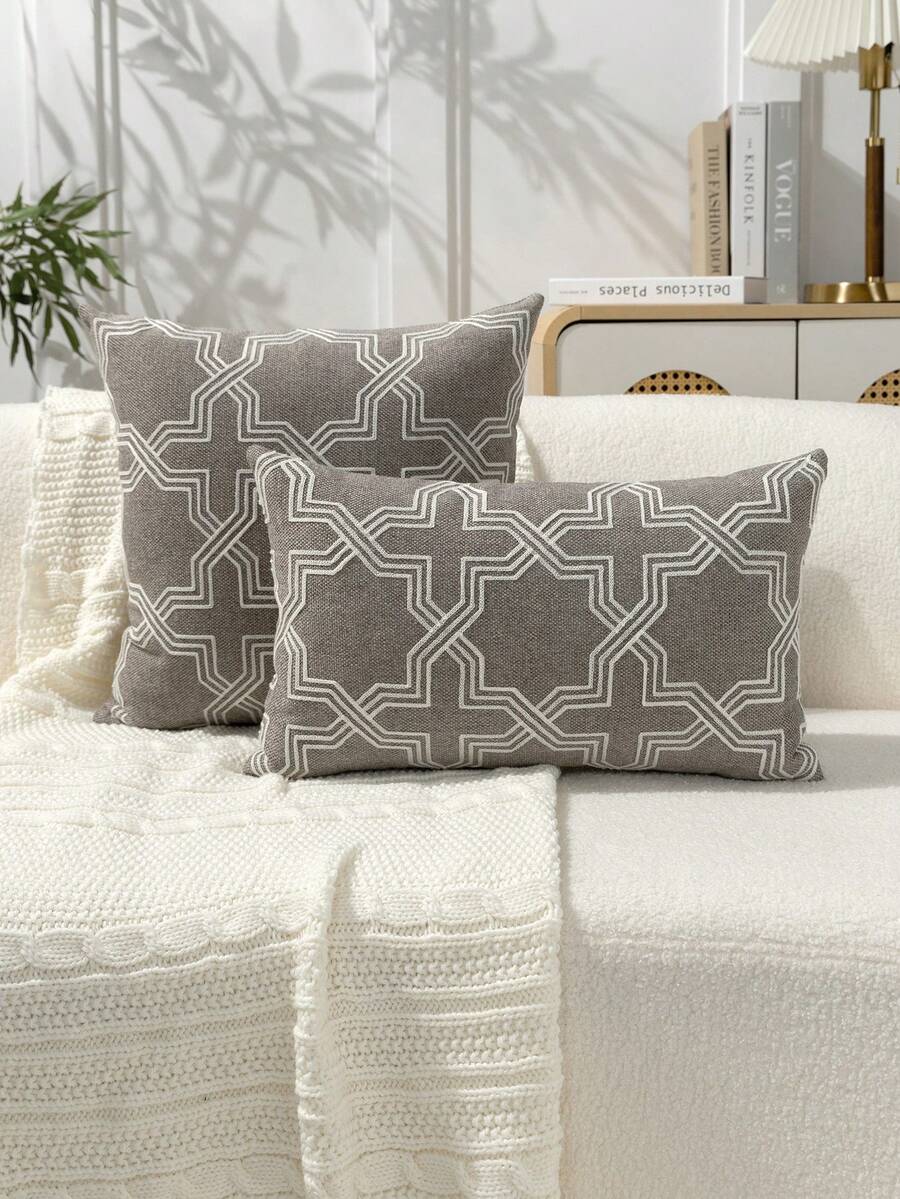 1 pieza Funda de almohada decorativa bordada con patrón geométrico gris, funda de almohada decorativa bordada con líneas geométricas minimalistas modernas, adecuada para decoración interior, funda de almohada para todas las estaciones, no incluye relleno de almohada