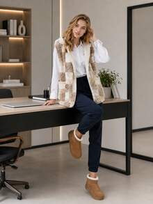 Women's Winter Fleece Vest With Reversible Hood. - Beige - View 3