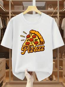 Men's T-Shirt, One Size Fits All, Funny Pizza Print, Round Neck And Short Sleeve, Versatile Fashionable Top, Comfortable Casual Short Sleeve T-Shirt For Summer - 白色 - 查看 1