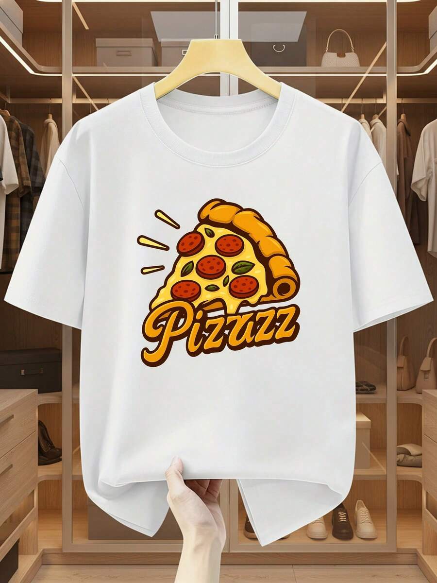 Men's T-Shirt, One Size Fits All, Funny Pizza Print, Round Neck And Short Sleeve, Versatile Fashionable Top, Comfortable Casual Short Sleeve T-Shirt For Summer - 白色 - 查看 1