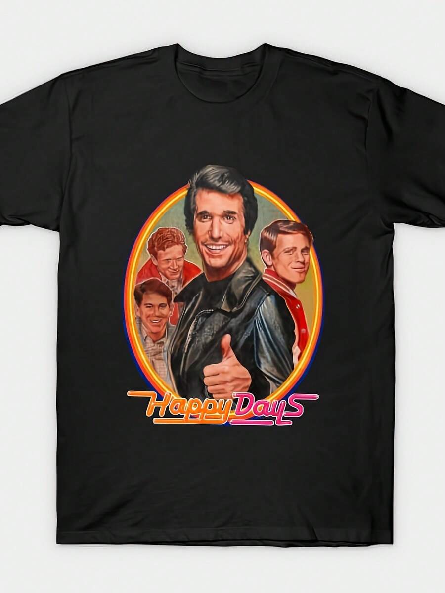 Vintage "Happy Time" TV Series Themed Men's T-Shirt - 100% Pure Cotton With A Vintage Square Neck Design, Iconic Striped Round Neck, Comfortable And Breathable Casual Style, Suit - 黑色 - 查看 1