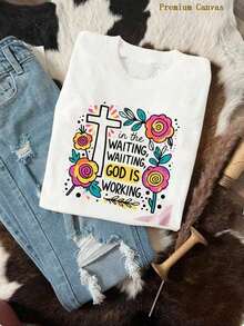 1 Women's Rugby Match Day Print T-Shirt, Bohemian Style, Retro Crew Neck, Short Sleeve, Ideal As A Casual Gift, With 'In The Waiting, God Is Working' Print With Cross And Flowers On A Cowhide Leather Background - Women's Printed Crew Neck Short Sleeve T-Shirt - Vintage Street Style, Unisex, Loose Fit, Cotton, Short Sleeve, Crew Neck, Blouses For Women. Casual Blouses For Ladies. - 白色 - 查看 7
