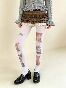 1 Pair Women's Cat Print Tights, Cute And Charming, Must-Have For Cat Lovers, Perfect For Holidays, Dates, Daily Outings And Parties - Multicolor - View 5