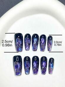 Y2K Galaxy Press On Nails, Long Square Black Base With 3D Blue Iridescent Gem & Glitter Gradient Glossy Punk Reusable Wearable Nails.Cool Grunge Galaxy Press On Nails, Handmade Press On Nails - Black - View 5