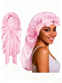 CONFLASS 1pc Women's Adjustable Satin Bow Long Sleeping Cap, Suitable For Braided And Curly Hair, Plus Size With Drawstring Design, Ideal For Overnight Hair Care - Multicolor - View 5
