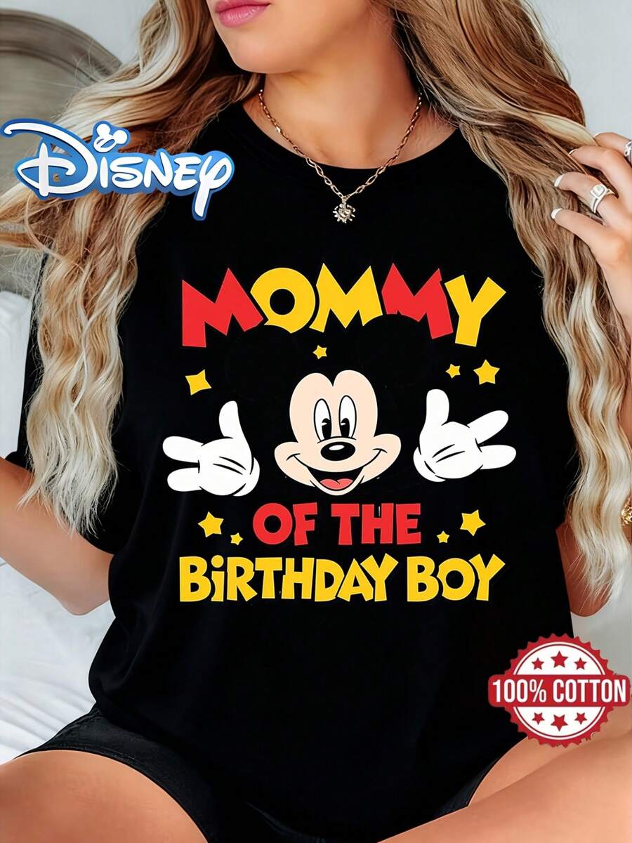 Disney-Themed Mickey Mouse "Mommy Of The Birthday" Print | Women'S Casual Pure T-Shirt, Perfect For Spring And Summer, Ideal For Festive Gifts And Birthday Presents - màu đen - Xem 1
