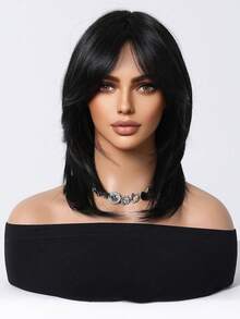 12 Inch Black Natural Clavicle Length Women's Wig, French Bangs Layered Ends, Heat-Resistant Synthetic Fiber, Western Popular Style - Black - View 4