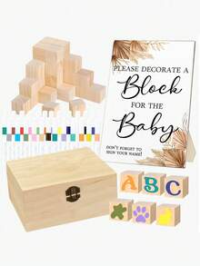44pcs/1set-Bohemian Style Party Block Game, Fun Party Game Signage Activity Set, Block Shaped Guest Sign-In Book Alternative DIY Blank Wooden Block Signage Set (Suitable For Gus), Gender Reveal Party DIY Blocks, Guest Party Signage Book Activity, Furniture Decor Collection Set Brown) - Multicolor - View 7