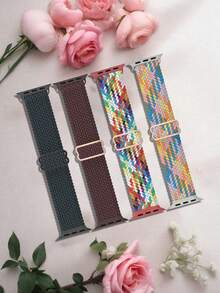 4 Peças Pulseira de Relógio Trançada de Alça Única, Compatível com 38mm, 40mm, 41mm, 42mm, 44mm, 45mm, 49mm, Unissex, Alça Elástica Macia de Nylon Ajustável, Adequada para Apple Watch 11/10/9/8/7/6/5/4/3/2/1/SE/Ultra/Ultra 2 - Multicolorido - Visão 1