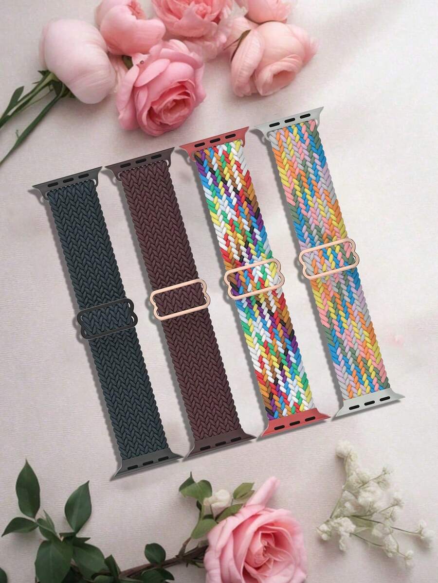 4 Peças Pulseira de Relógio Trançada de Alça Única, Compatível com 38mm, 40mm, 41mm, 42mm, 44mm, 45mm, 49mm, Unissex, Alça Elástica Macia de Nylon Ajustável, Adequada para Apple Watch 11/10/9/8/7/6/5/4/3/2/1/SE/Ultra/Ultra 2 - Multicolorido - Visão 1