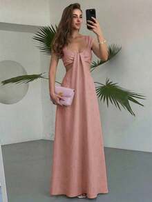 Falda larga elegante de estilo bohemio para mujer, vestido largo con cuello ancho y escote de ojo de cerradura en beige - Rosa Pálido - Ver 3