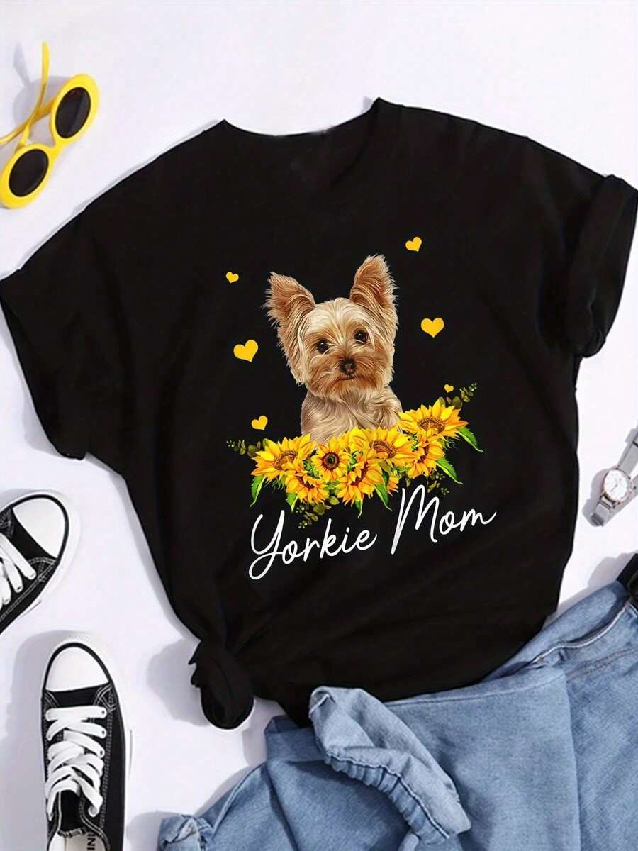 Camiseta para Mamá de Yorkie - Cuello Redondo Casual de Verano con Aplique de Yorkie y Girasol, Regalo para Amantes de Yorkie, Ropa Lavable a Máquina para Dueños de Mascotas - Negro - Ver 1