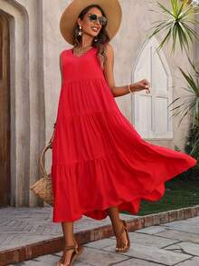 White Eyelet Embroidery Sleeveless Dress, V Neck Backless Lace Trim Casual Summer Dress For Women  Casual  Boho    Eyelet Embroidery    Vacation  Beach - 紅色 - 查看 5