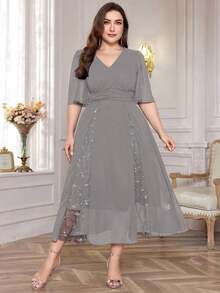 Vestido largo elegante de fiesta casual con cuello en V y dobladillo con volantes para mujer de talla grande - Gris - Ver 7