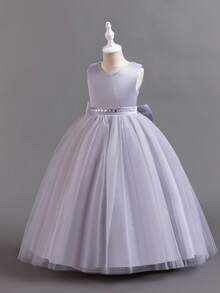 Girls' Sleeveless Long Princess Dress With Big Bow, Suitable For Birthday, Runway, Wedding, Christmas Party, Performance - Grey - View 4