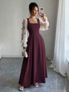 Vestido de mujer con parches tejidos, decoración de lazo y cintura ceñida - Burdeos - Ver 3