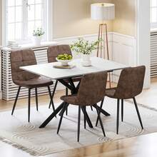 Luxstein Extendable Dining Table And Chairs Set Of 4, Concrete Effect Rectangular Table With Upholstered Linen Chairs For Dining Room, Kitchen - Marble Dining Table + PU Brown Dining Chairs - View 9