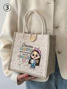 Teacher Letter Floral Print Linen Tote Bag, Teacher's Day Gift, Reusable Printed Tote Bag, Casual Tote Bag, Suitable For Commuting And School - Multicolor - View 15