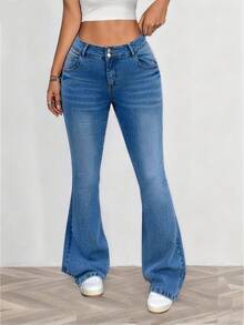 Women's Street Casual Denim Slightly Flared Jeans, Stretchy Slightly Flared Jeans, Basic Jeans For All Seasons, Suitable For Everyday Wear, Parties, Gatherings, Music Festivals, Everyday Wear, Street Style Outfits - 藍色 - 查看 5