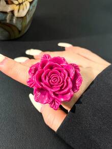 可调节哥特式超大玫瑰戒指，黑/红树脂材质，朋克暗黑风格饰品，适合时尚派对 - 多色C - 查看 9