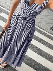 Women's Striped V-Neck Wrap Dress - White - View 5