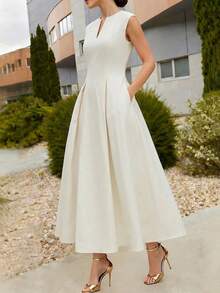 Solid Color Minimalist Hollow Out Slit V-Neck Sleeveless Waist-Cinching Midi Dress, Elegant Style - Beige - View 6