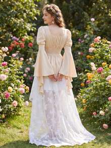 Women's Renaissance And Victorian Gothic-Style Two-Piece Set: Long-Sleeve Square-Neck Blouse And A Pirate-Style Top Paired With A Long, High-Waisted Skirt Featuring An Asymmetrical Hem. - Apricot + White - View 3