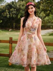 Vestido de mujer elegante y vintage con estampado de rosas y cuello en V de organza, para vacaciones, fiestas, verano, festivales, bodas, graduaciones, bailes de graduación, ceremonias, cumpleaños y ocasiones formales. Vestido elegante de color rosa para fiestas y vacaciones. - Albaricoque - Ver 3